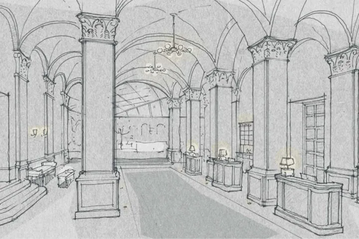 Architectural sketch of a hotel project by Private Palace Hotels & Resorts with columns and vaulted ceiling