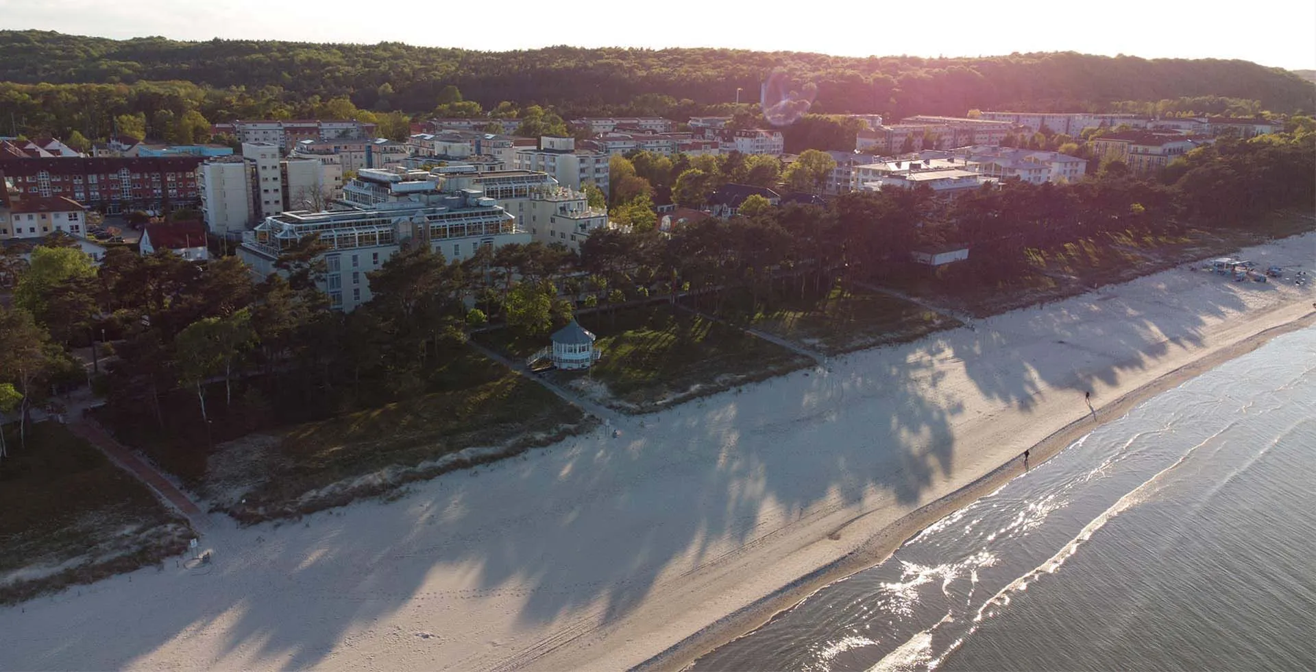 Aerial view of Rugard Strandhotel Binz directly on the beach of Binz at the Baltic Sea