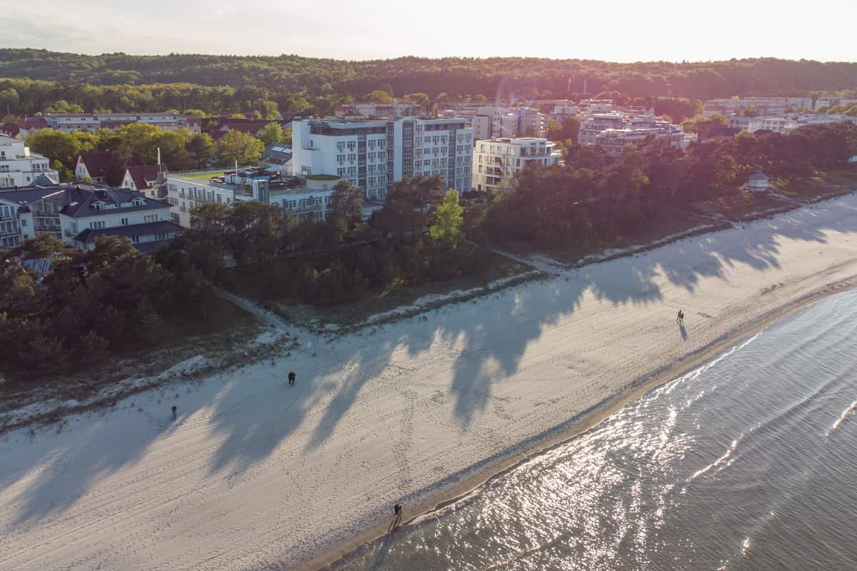 Aerial view of the beach in front of Arkona Strandhotel Binz with Baltic Sea and sandy shore on Rügen