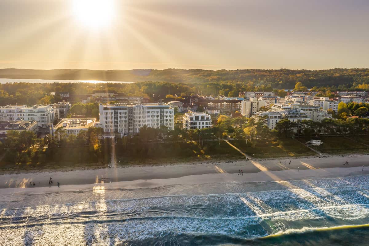 Sunset over the Baltic Sea beach near Arkona Strandhotel Binz on Rügen seen from above