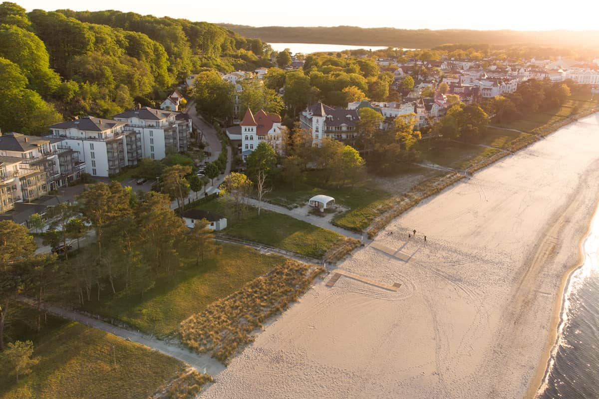 Aerial view of Binz beach on Rügen at sunrise near Grand Hotel Binz